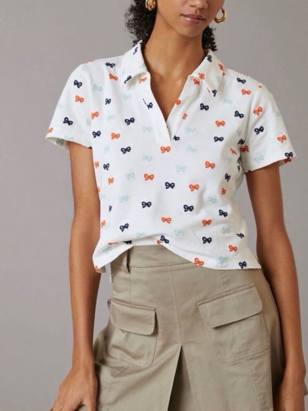 Maeve Shirt Womens L Large White Embroidered Bows Cropped Polo Anthropologie
